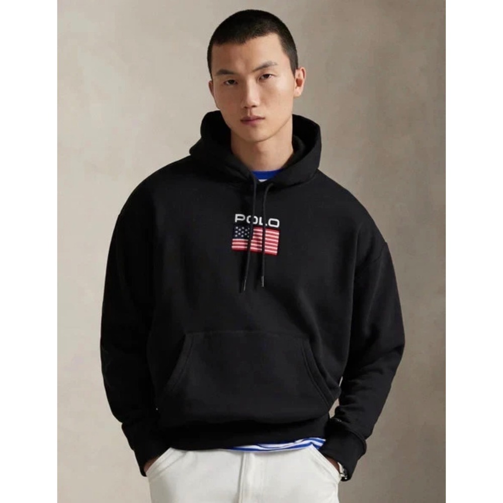 NEW Polo Ralph Lauren Sport Embroidered USA Flag American Hoodie Black Sz Large